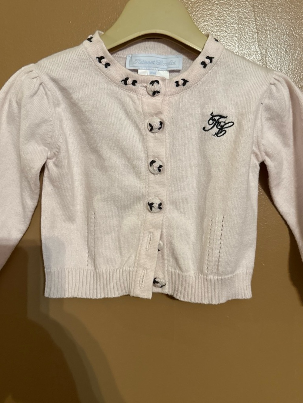 Tartine et Chocolat Pale Pink Knit Cardigan with Monogram